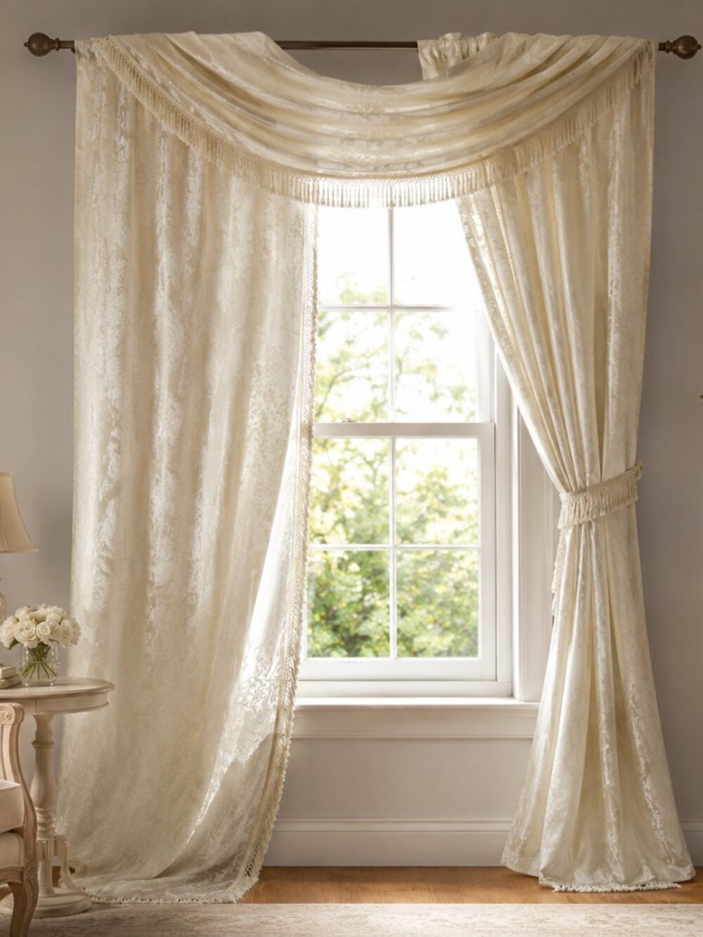 Whole Home 3 Jacquard Scarf Valances and 2 Tiebacks Fringed Set